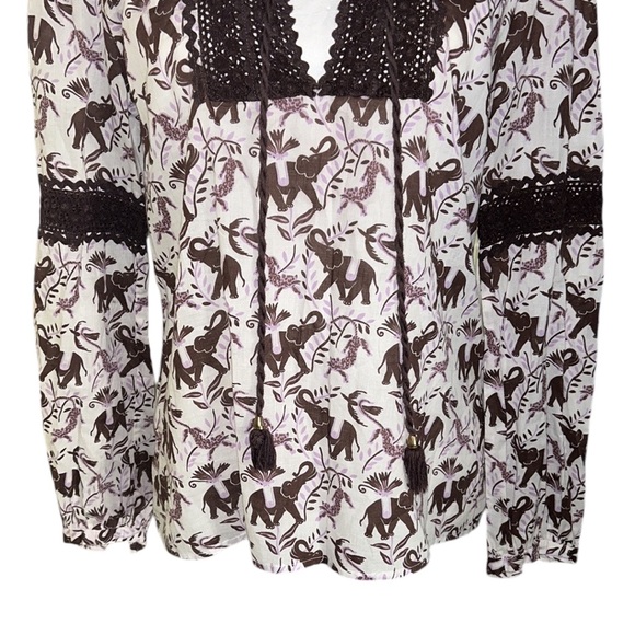 Tory Burch Elephant & Leopard Tiger Print Crochet Tassel Tie Neck Tunic Top - 8 - Picture 3 of 13